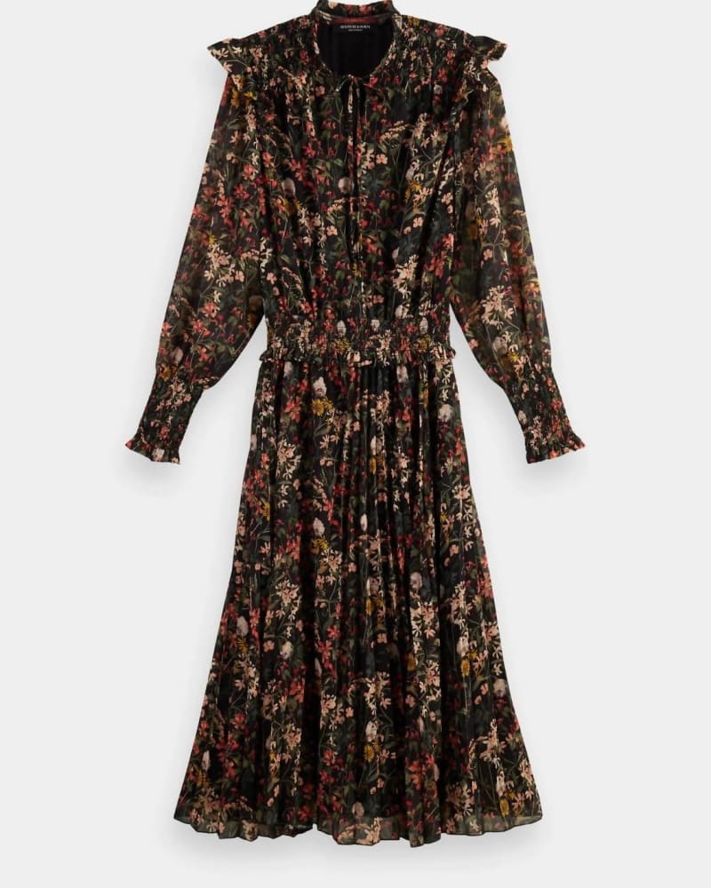 Front of a model wearing a size Large Smock Stitch Printed Midi Dress In Multi Printed in Multi Printed by SCOTCH & SODA. | dia_product_style_image_id:344694